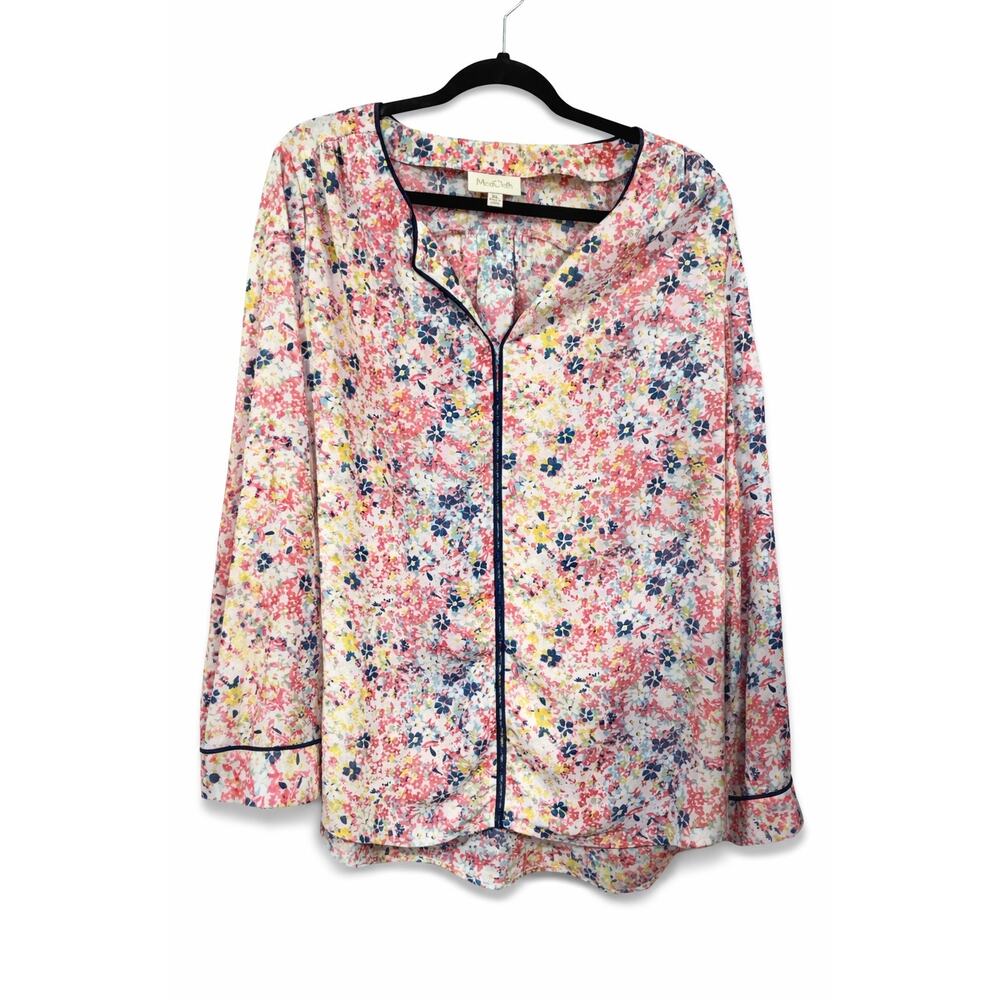 ModCloth Floral Blouse Women’s XL Boho Cottagecore Split V Neck Navy Trim